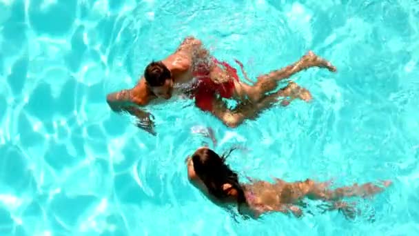 Couple having fun in the swimming pool together — Stock Video