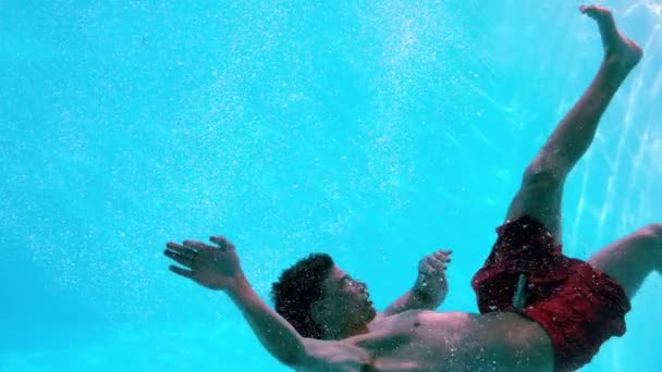 Fit hombre nadando bajo el agua en la piscina — Vídeo de stock