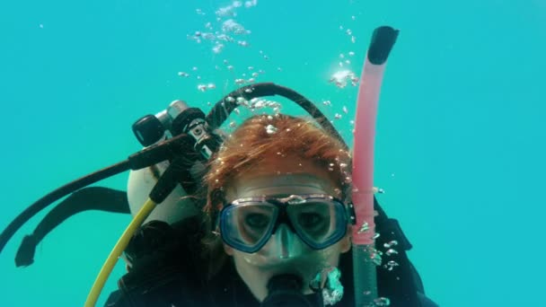 Femme en équipement de plongée regardant la caméra sous-marine — Video