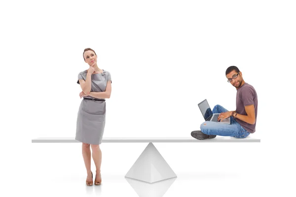 White scales measuring businesswoman and man — Stock Photo, Image