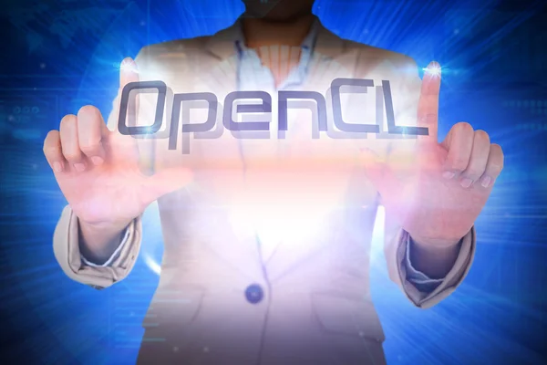 Деловая женщина представляет слово opencl — стоковое фото