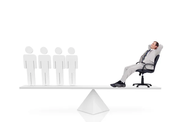 Scales weighing businessman on swivel chair and stick men — Stock Photo, Image