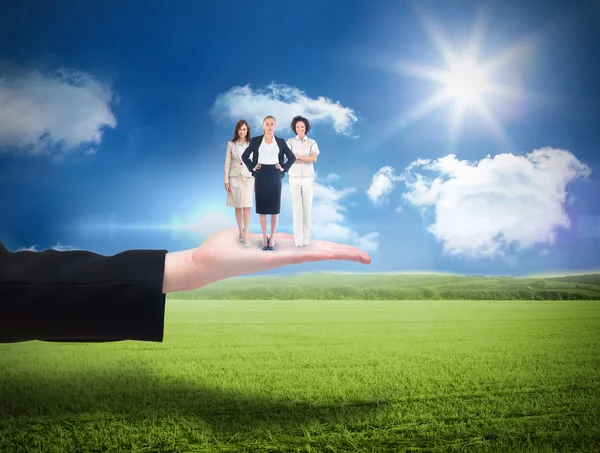 Businesswomen against sunny green landscape — Stock Photo, Image