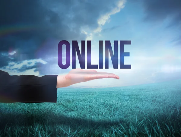 Businesswomans hand presenting the word online — Stock Photo, Image