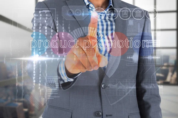 Podnikatel dotýká propagaci produktů slova — Stock fotografie