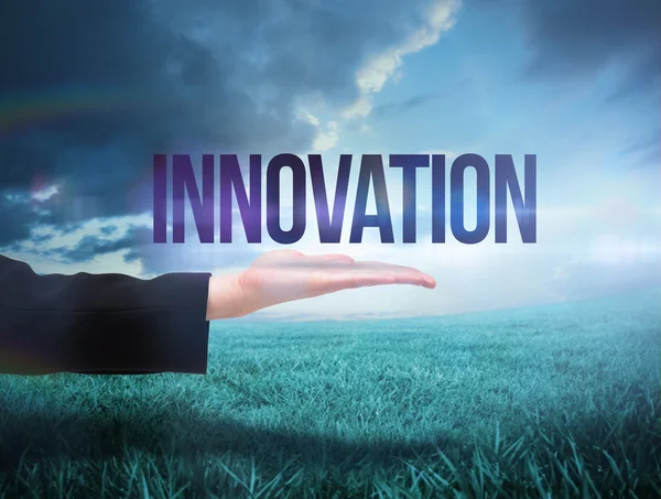 Businesswomans hand presenting the word innovation — Stock Photo, Image