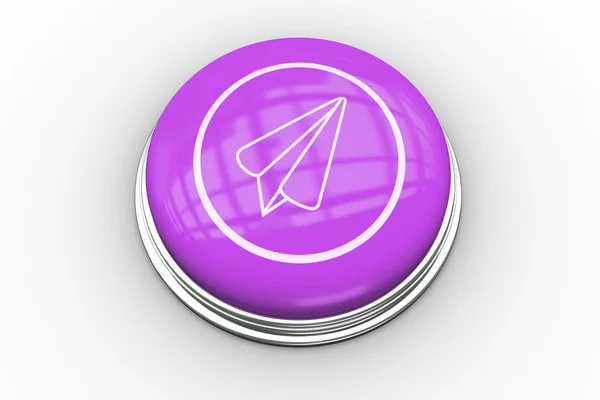 Paper airplane graphic on purple button — Stock Photo, Image