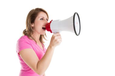 Side view of woman shouting into bullhorn clipart
