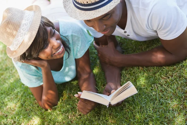 Boldog, fiatal pár olvasókönyv a fűben — Stock Fotó