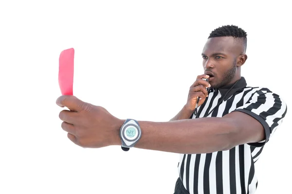 Serious referee showing red card blowing whistle — Stock Photo, Image