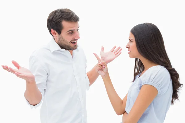 Angry brunette accusing her boyfriend — Stock Photo, Image