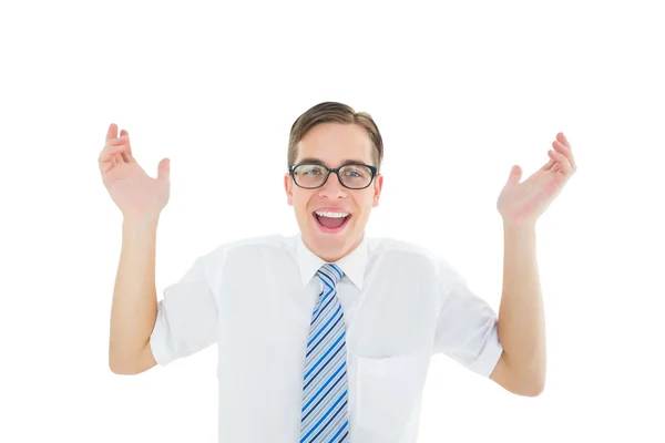 Geeky happy businessman with arms up — Stock Photo, Image