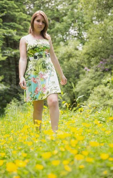 Jeune femme mignonne debout dans le champ — Photo