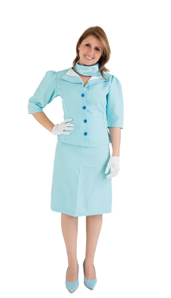 Porträtt av charmiga flygvärdinna klädd i blå uniform — Stockfoto