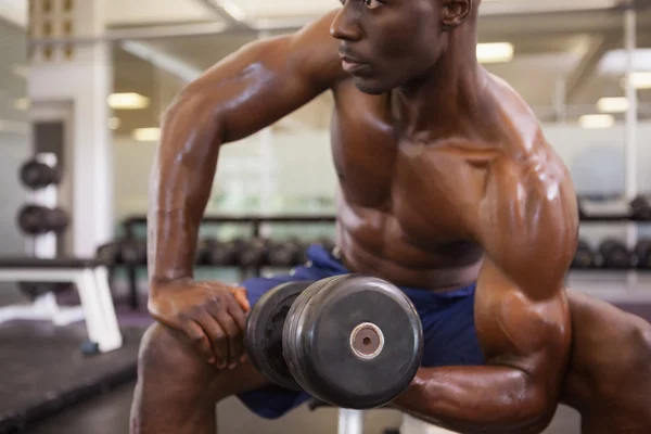 Muscular man exercising with dumbbell in gym — Stock Photo, Image