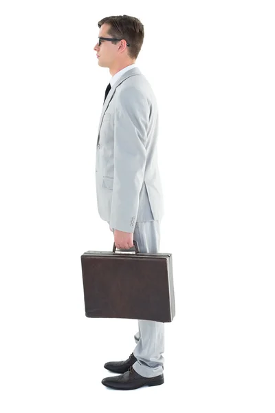 Nördiga affärsman håller sin portfölj — Stockfoto