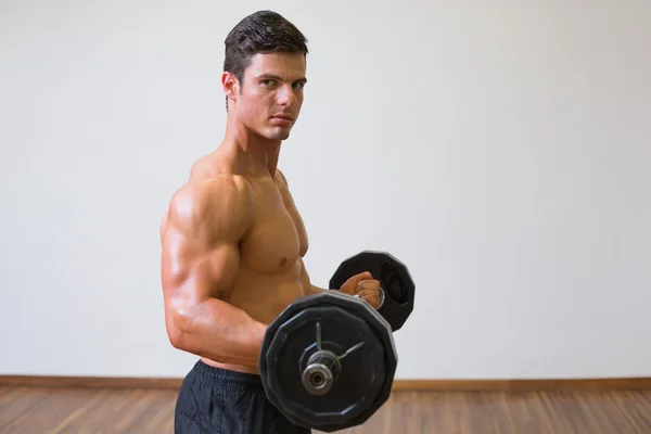 Shirtless muscular man lifting barbell in gym — Stock Photo, Image