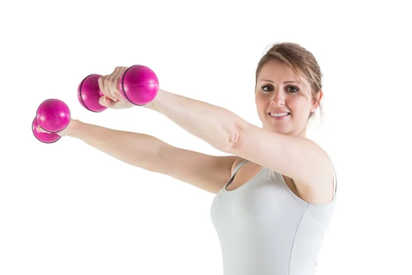 Smiling young woman with dumbbells — Stock Photo, Image