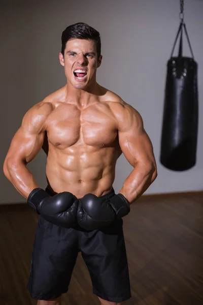 Shirtless muscular boxer shouting in health club — Stock Photo, Image