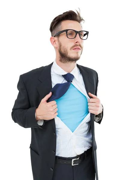 Geeky hipster abrindo camisa estilo super-herói — Fotografia de Stock