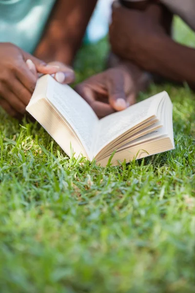 Jovem casal leitura livro na grama — Fotografia de Stock