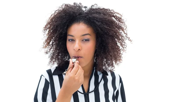 Pretty referee blowing her whistle — Stock Photo, Image