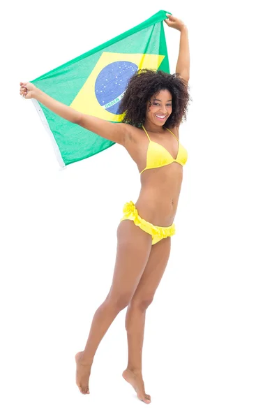 Fit girl in yellow bikini holding brazil flag smiling at camera — Stock Photo, Image