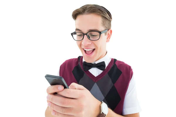 Geeky hipster sending a text — Stock Photo, Image