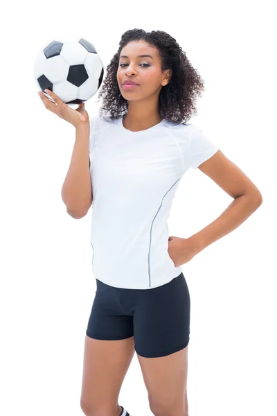 Pretty football fan in white holding ball — Stock Photo, Image