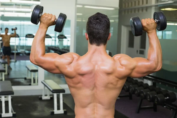 Achteraanzicht van shirtless gespierde man uitoefenen met halters — Stockfoto