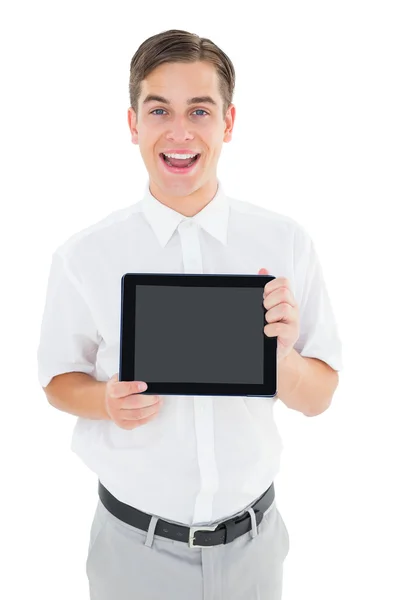 Geeky empresario mostrando su PC tableta — Foto de Stock