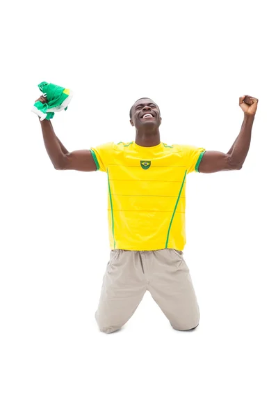 Excited brazilian football fan cheering on his knees Stock Photo