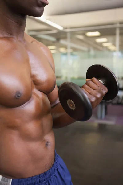 Uomo muscolare che si esercita con i manubri in palestra — Foto Stock