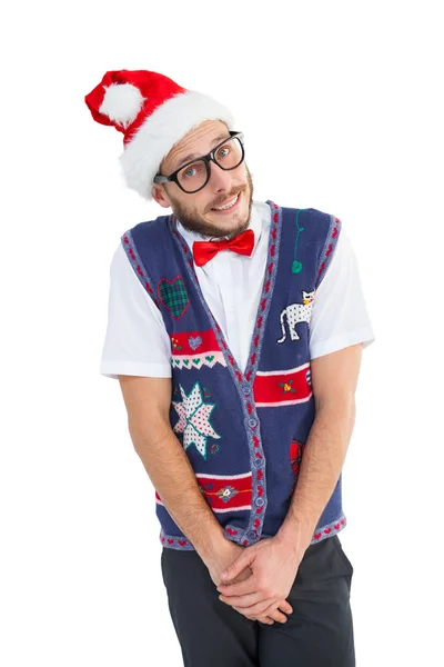 Geeky hipster in Kerstman hoed — Stockfoto