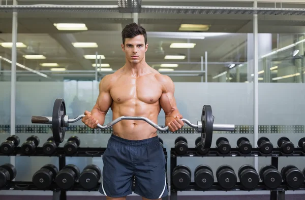 Shirtless muscular man lifting barbell in gym — Stock Photo, Image