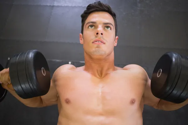 Muscular man exercising with dumbbells in gym — Stock Photo, Image