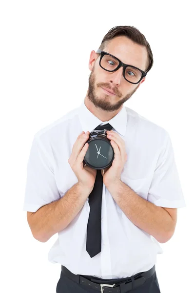 Geeky işadamı holding çalar saat — Stok fotoğraf