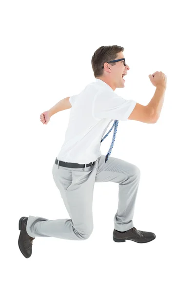 Geeky happy businessman running mid air — Stock Photo, Image