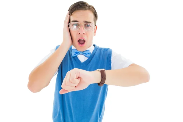 Geeky young hipster realising hes late — Stock Photo, Image