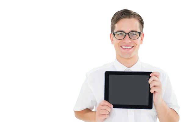 Geeky Geschäftsmann zeigt seinen Tablet-PC — Stockfoto