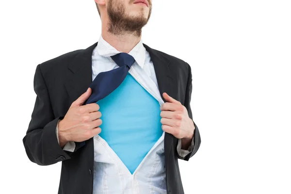 Geeky hipster opening shirt superhero style — Stock Photo, Image