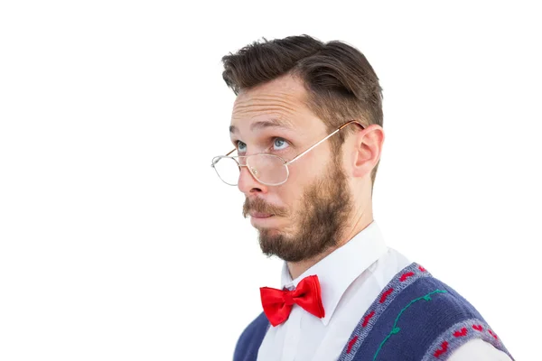 Geeky hipster draagt kerstvest — Stockfoto