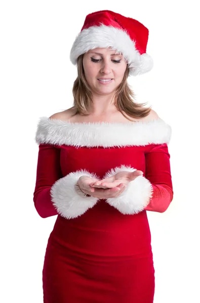 Bella donna in costume da Babbo Natale che presenta il prodotto — Foto Stock