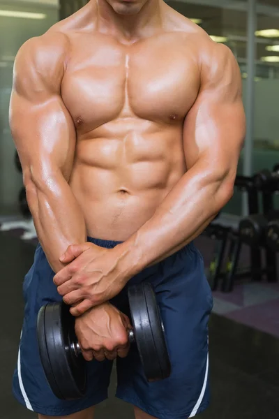 Mid section of shirtless muscular man exercising with dumbbell — Zdjęcie stockowe