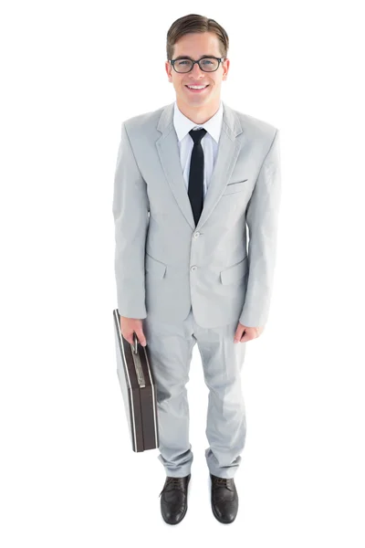 Geeky businessman holding his briefcase — Stock Photo, Image