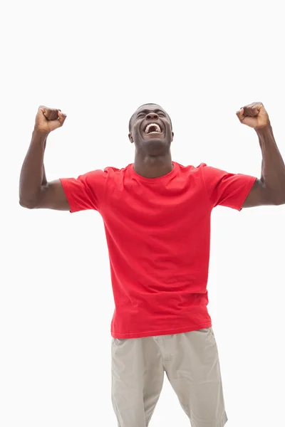 Football fan in red cheering — Stock Photo, Image