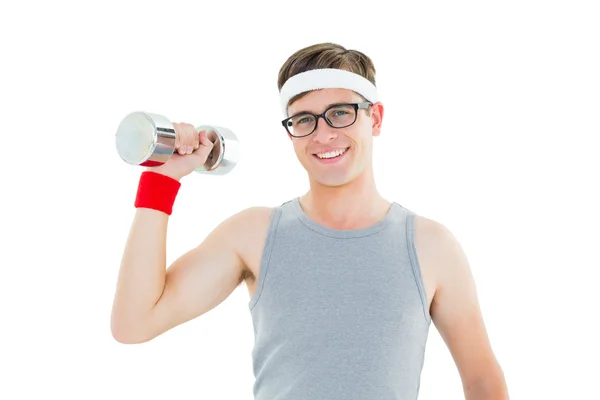 Nördiga hipster poserar i sportkläder med hantel — Stockfoto