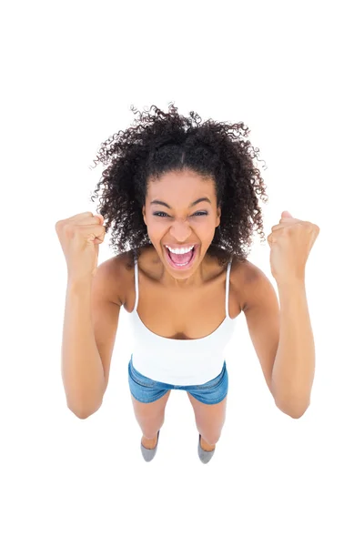 Pretty girl cheering at camera — Stock Photo, Image