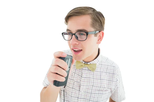 Geeky hipster hablando en dictaphone —  Fotos de Stock