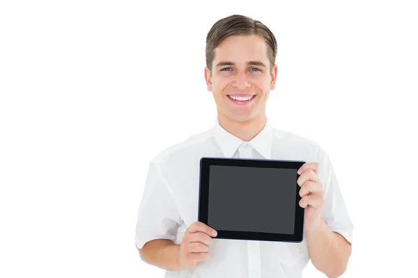 Geeky zakenman met zijn tablet pc — Stockfoto